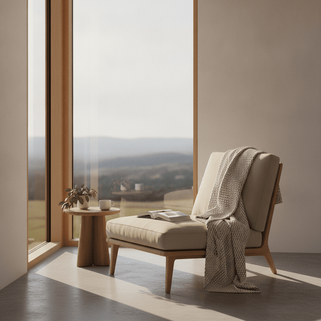 A calm reading chair beside a tall window overlooking distant hills