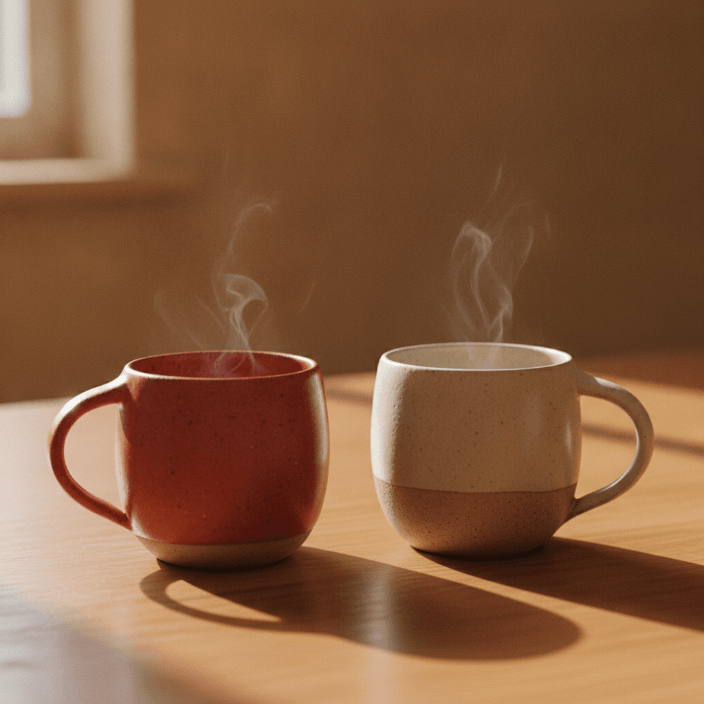 Two ceramic mugs with rising steam, side by side on a sunlit wooden table